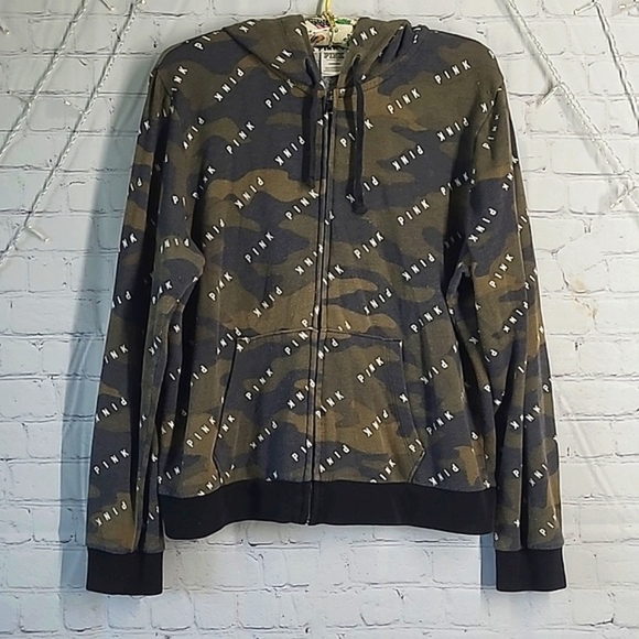 2018 Victoria's Secret PINK All Over Logo Spellout Army Camo Full Zip Hoodie L - Picture 3 of 17